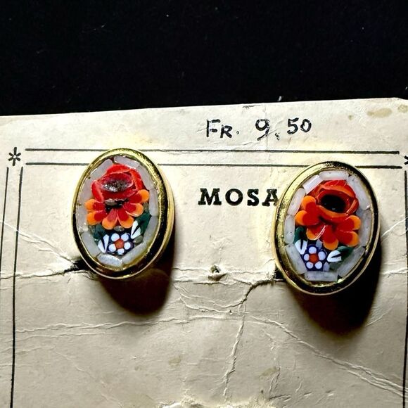 Vintage Italian Floral Micro Mosaic Earrings & Brooch Set on Card - Picture 4 of 11